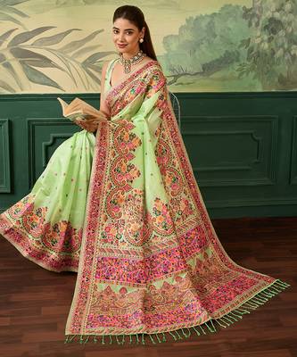 Floral zari pashmina handloom kanjeevaram saree with blouse piece 4