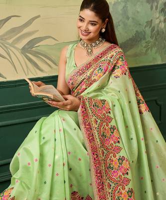Floral zari pashmina handloom kanjeevaram saree with blouse piece 5