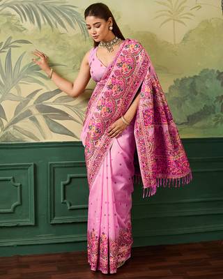 Floral zari pashmina handloom kanjeevaram saree with blouse piece 4
