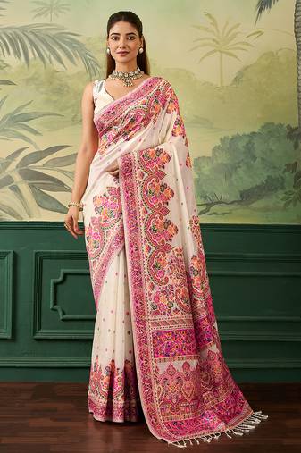 Floral zari pashmina handloom kanjeevaram saree with blouse piece