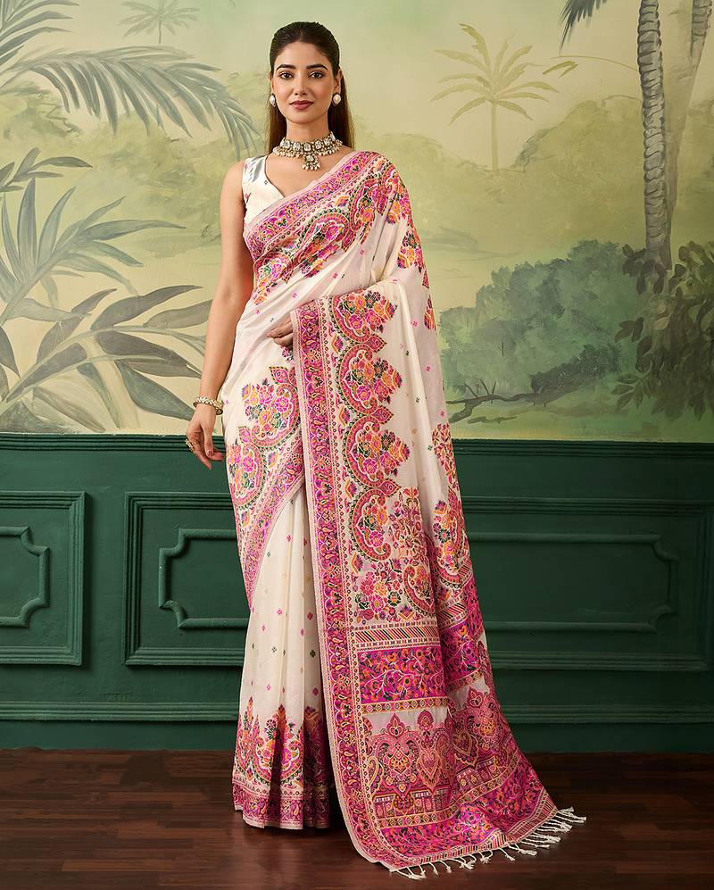 Floral zari pashmina handloom kanjeevaram saree with blouse piece