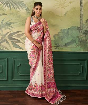 Floral zari pashmina handloom kanjeevaram saree with blouse piece 4