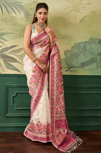 Floral zari pashmina handloom kanjeevaram saree with blouse piece