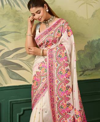 Floral zari pashmina handloom kanjeevaram saree with blouse piece 5