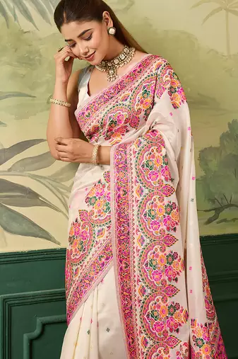 Floral zari pashmina handloom kanjeevaram saree with blouse piece