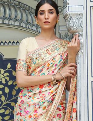 Floral zari pashmina handloom kanjeevaram saree with blouse piece 2