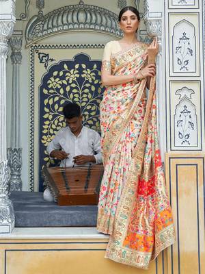 Floral zari pashmina handloom kanjeevaram saree with blouse piece 3