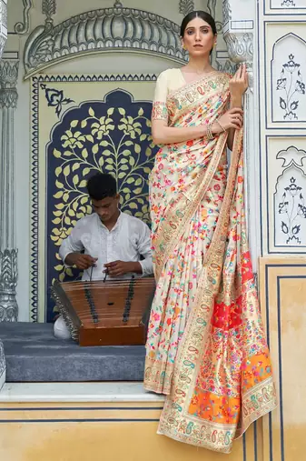 Floral zari pashmina handloom kanjeevaram saree with blouse piece