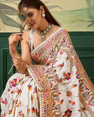 Floral zari pashmina handloom venkatgiri saree with blouse piece 5