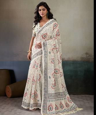 Printed floral ethnic motifs linen digital saree with blouse piece 5