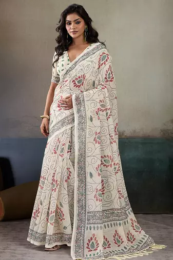 Printed floral ethnic motifs linen digital saree with blouse piece