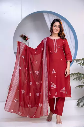 Maroon geometric printed cotton straight kurta set with dupatta