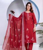 Maroon geometric printed cotton straight kurta set with dupatta