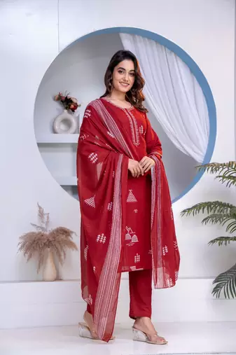 Maroon geometric printed cotton straight kurta set with dupatta