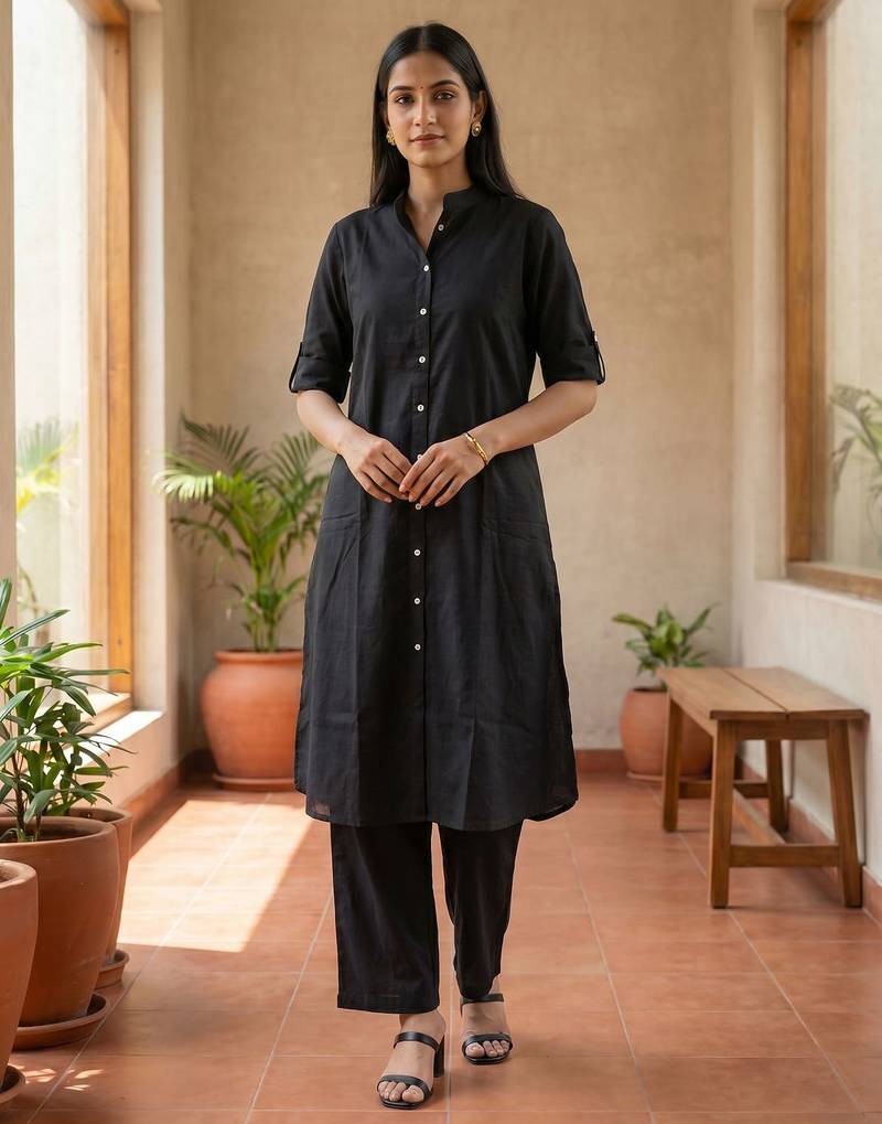 Black solid straight kurta pant set for women