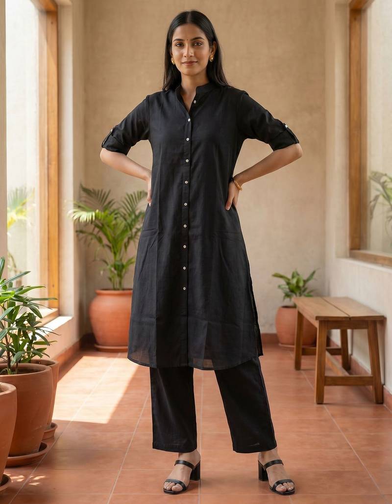 Black solid straight kurta pant set for women