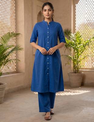 Blue solid straight kurta pant set for women 1