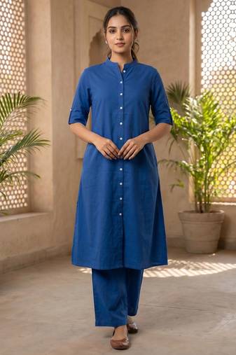Blue solid straight kurta pant set for women