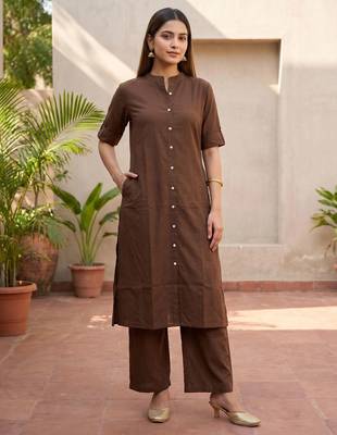 Brown solid straight kurta pant set for women 1