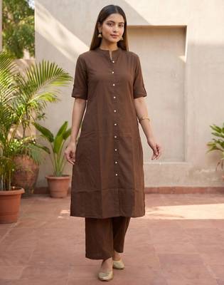 Brown solid straight kurta pant set for women 2