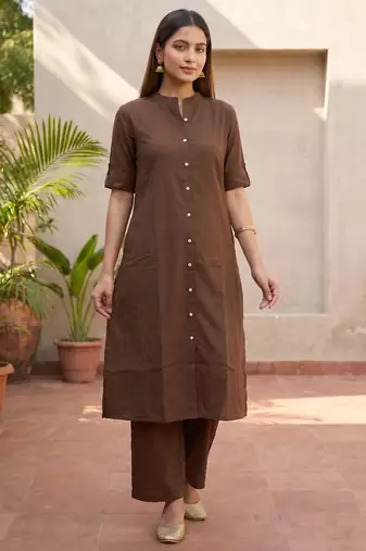 Brown solid straight kurta pant set for women