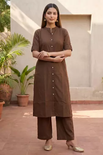 Brown solid straight kurta pant set for women