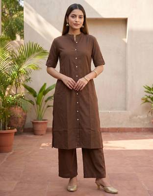 Brown solid straight kurta pant set for women 4