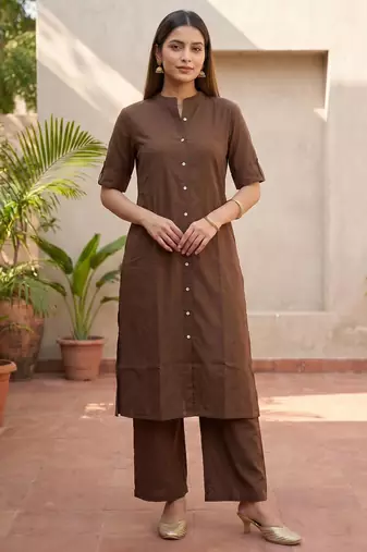 Brown solid straight kurta pant set for women
