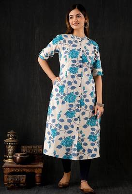Blue floral printed cotton a-line kurti for women 2