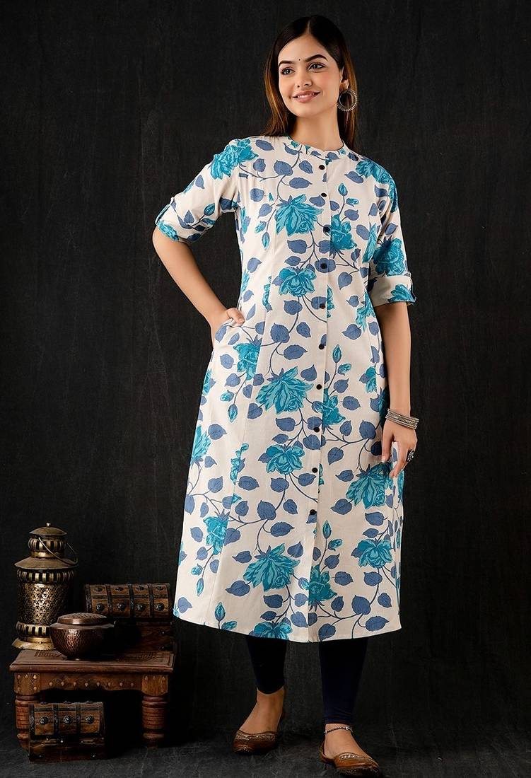 Blue floral printed cotton a-line kurti for women