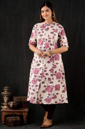 Purple floral printed cotton a-line kurti for women