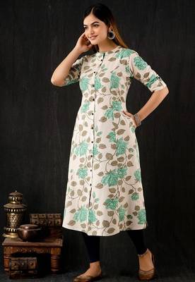 Green floral printed cotton a-line kurti for women 2