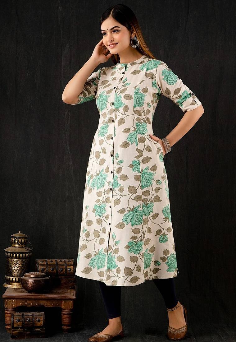 Green floral printed cotton a-line kurti for women