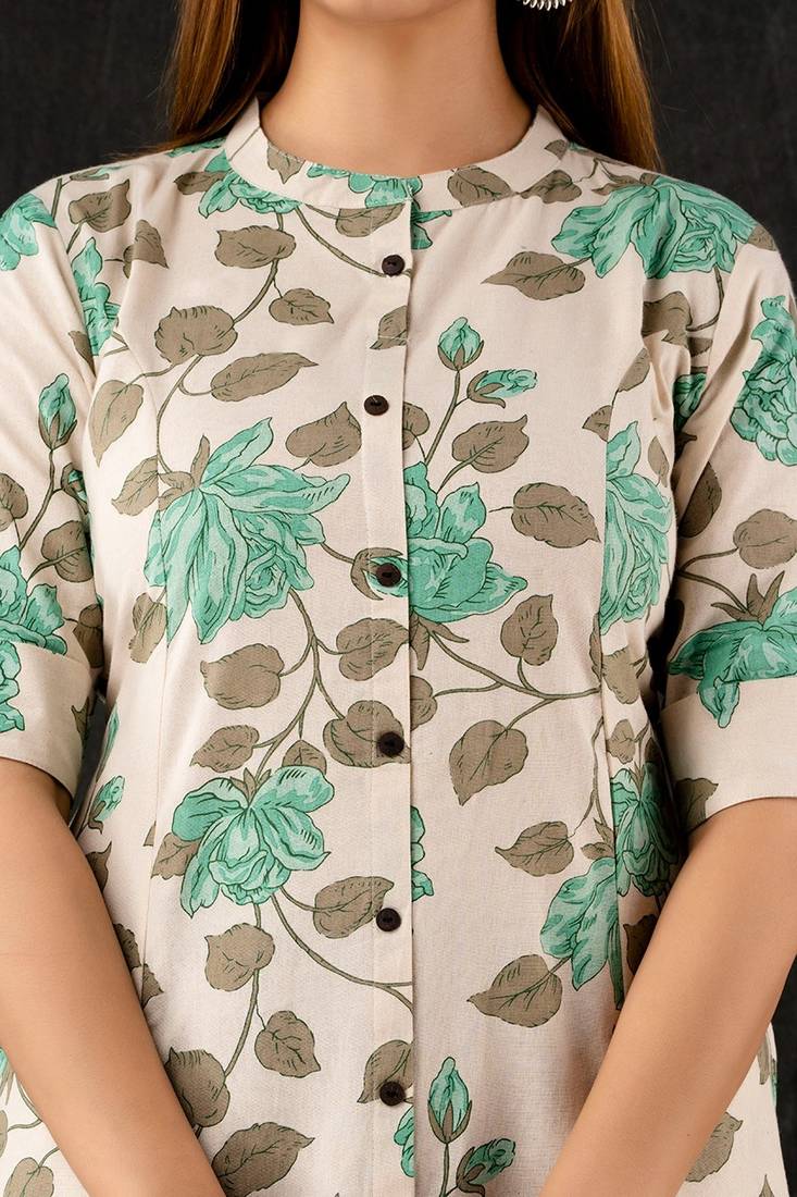 Green floral printed cotton a-line kurti for women