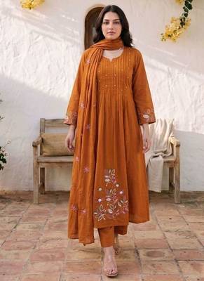 Orange floral embroidered cotton paneled kurta set with pant & dupatta 1
