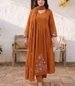 Orange floral embroidered cotton paneled kurta set with pant & dupatta