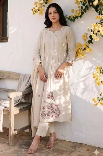 Beige floral embroidered cotton paneled kurta set with pant & dupatta