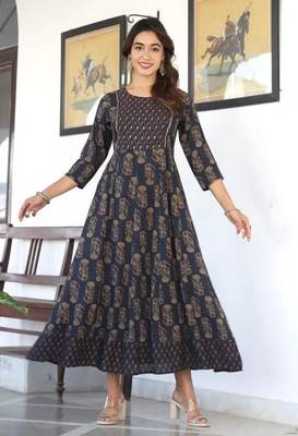 Navy blue floral printed mirror work ethnic kurta for women 1