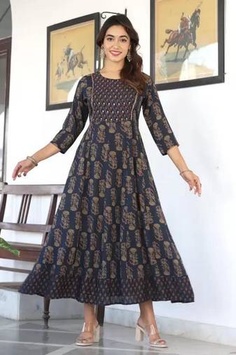 Navy blue floral printed mirror work ethnic kurta for women