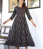Navy blue floral printed mirror work ethnic kurta for women