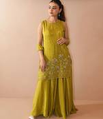 Women floral embroidered regular sequinned silk crepe kurta with sharara & with dupatta