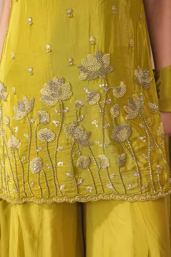 Women floral embroidered regular sequinned silk crepe kurta with sharara & with dupatta