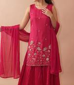 Women floral embroidered regular sequinned silk crepe kurta with sharara & with dupatta