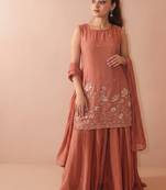 Women floral embroidered regular sequinned silk crepe kurta with sharara & with dupatta