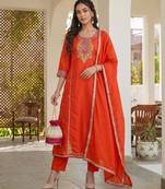 Women ethnic motifs embroidered regular thread work kurta with trousers & with dupatta