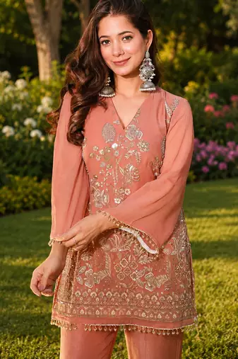 Women ethnic motifs embroidered regular thread work kurta with palazzo