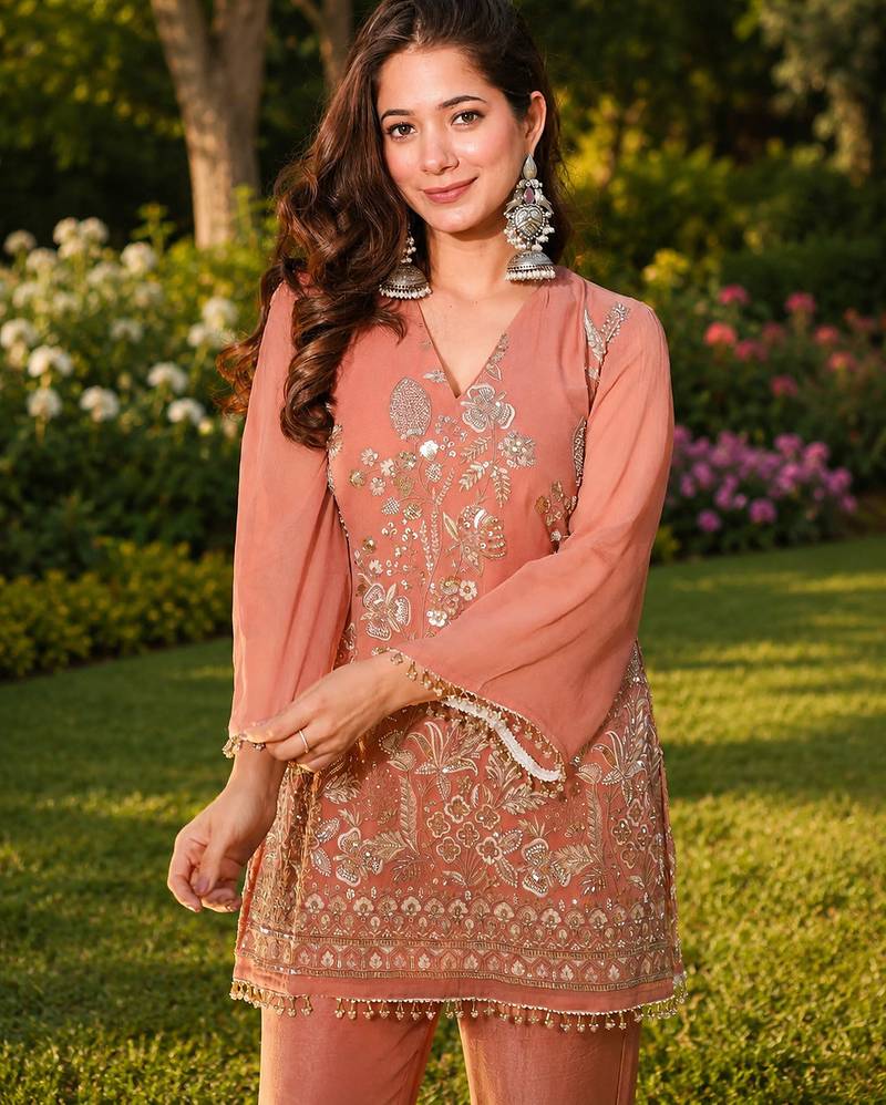 Women ethnic motifs embroidered regular thread work kurta with palazzo