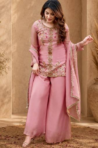 Women floral embroidered regular thread work kurta with palazzo & with dupatta