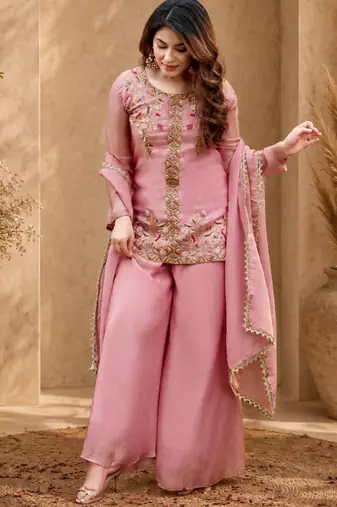 Women floral embroidered regular thread work kurta with palazzo & with dupatta