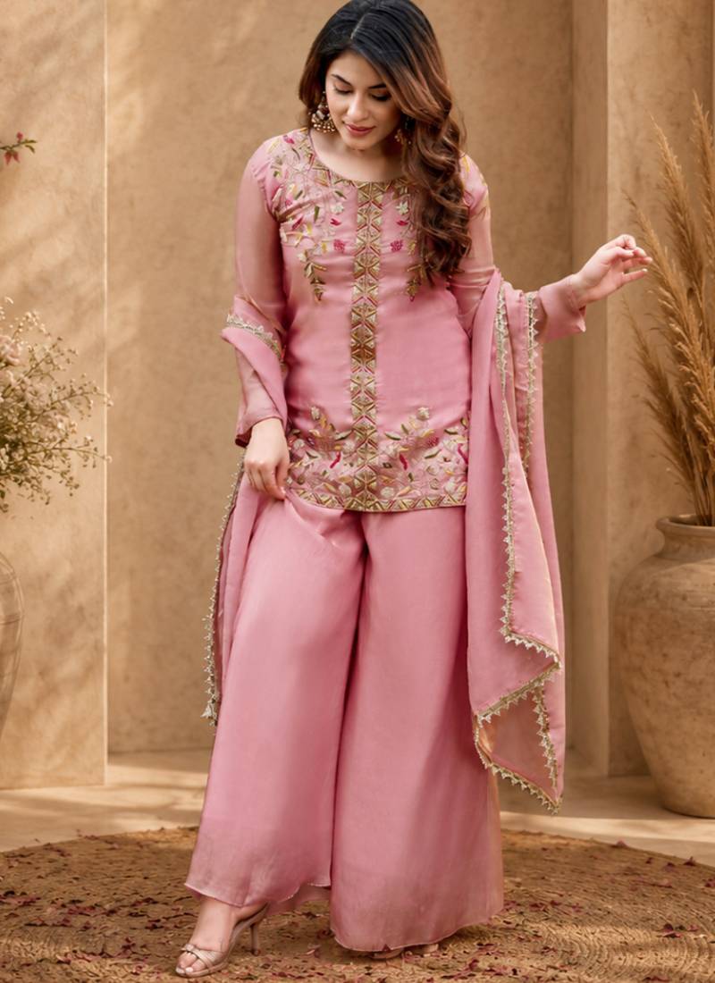 Women floral embroidered regular thread work kurta with palazzo & with dupatta